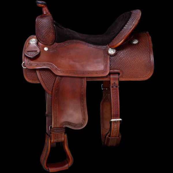 Featuring a fully padded suede seat and an blend of smooth leather and hand-carved basket weave pattern, this horse saddle is an all-around performer.